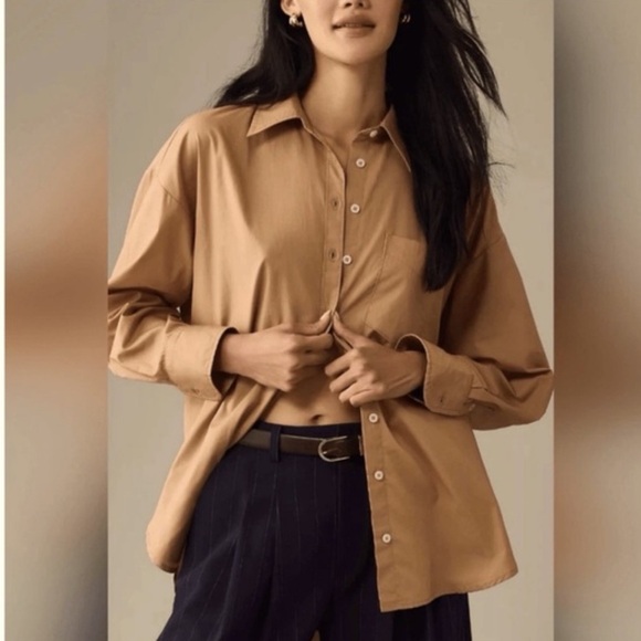 Maeve Bennet Button Down Shirt Sz M by Anthropologie Sz S 100% Cotton in Camel - Picture 1 of 11